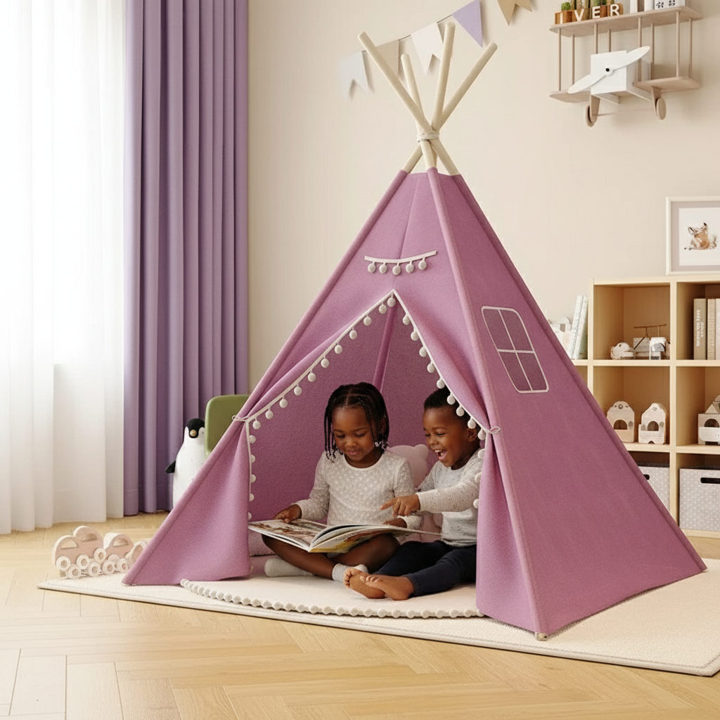 Tipi violet MueVio avec deux enfants noirs