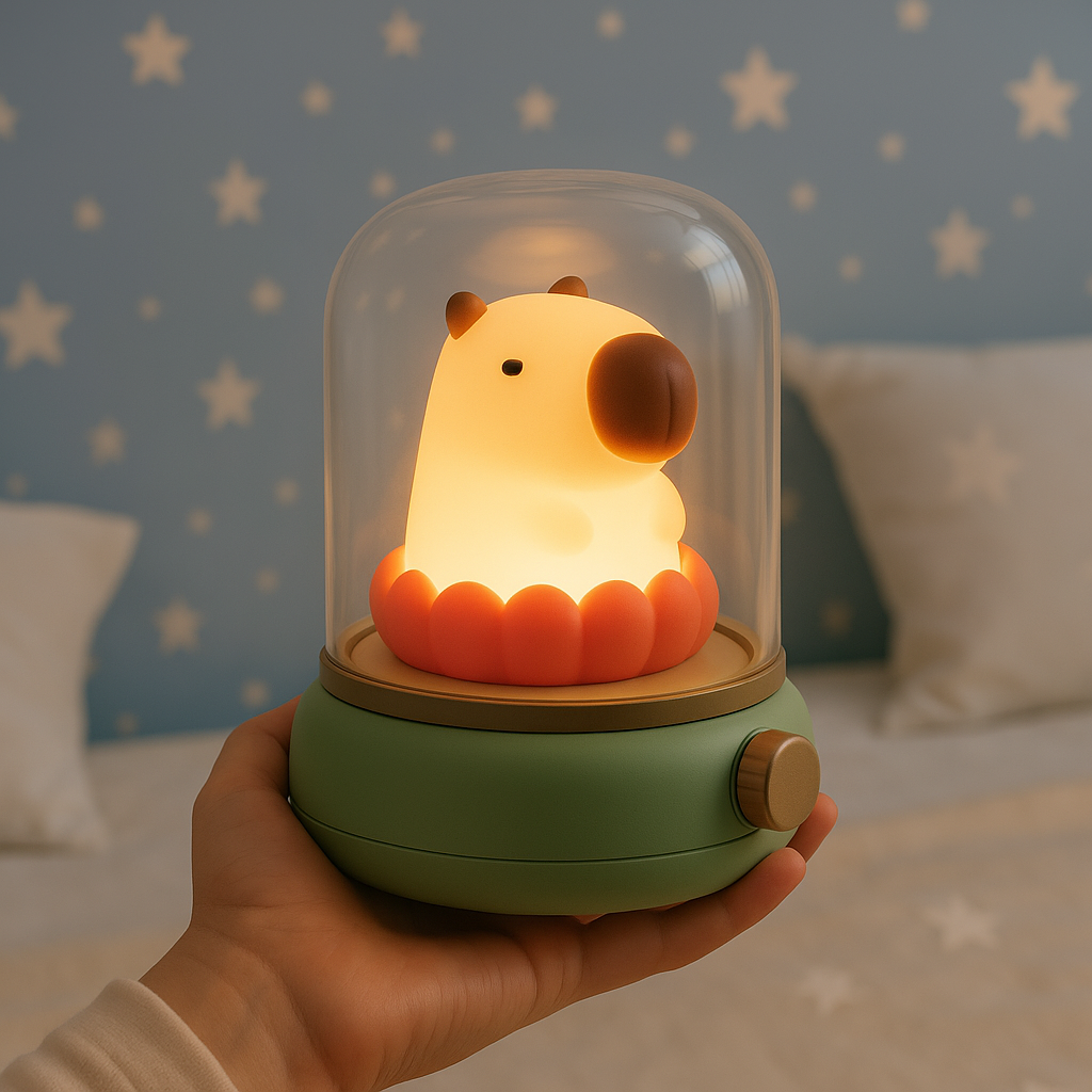 veilleuse enfant capybara verte dans main enfant